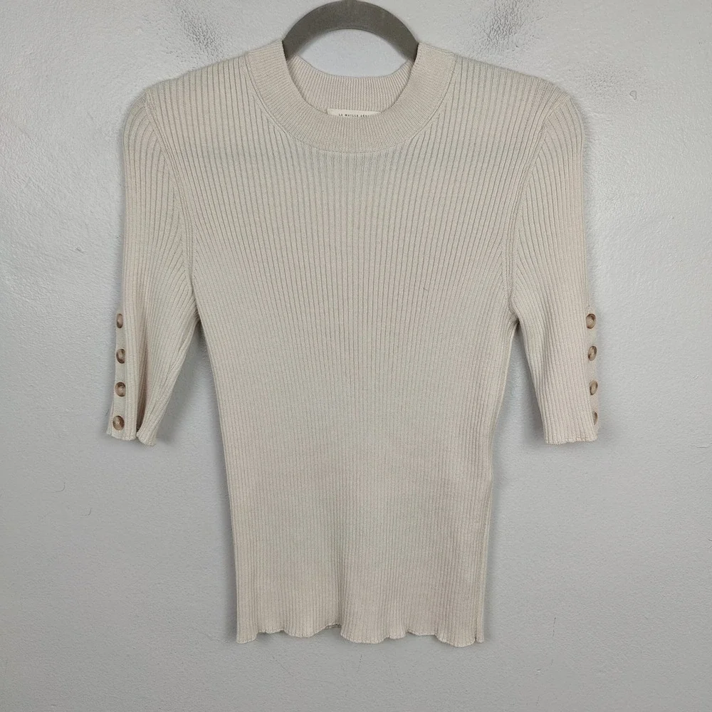 Sezane La Maille Ribbed Cotton Wool Knit Top Womens Medium Cream Buttoned - Picture 2 of 8